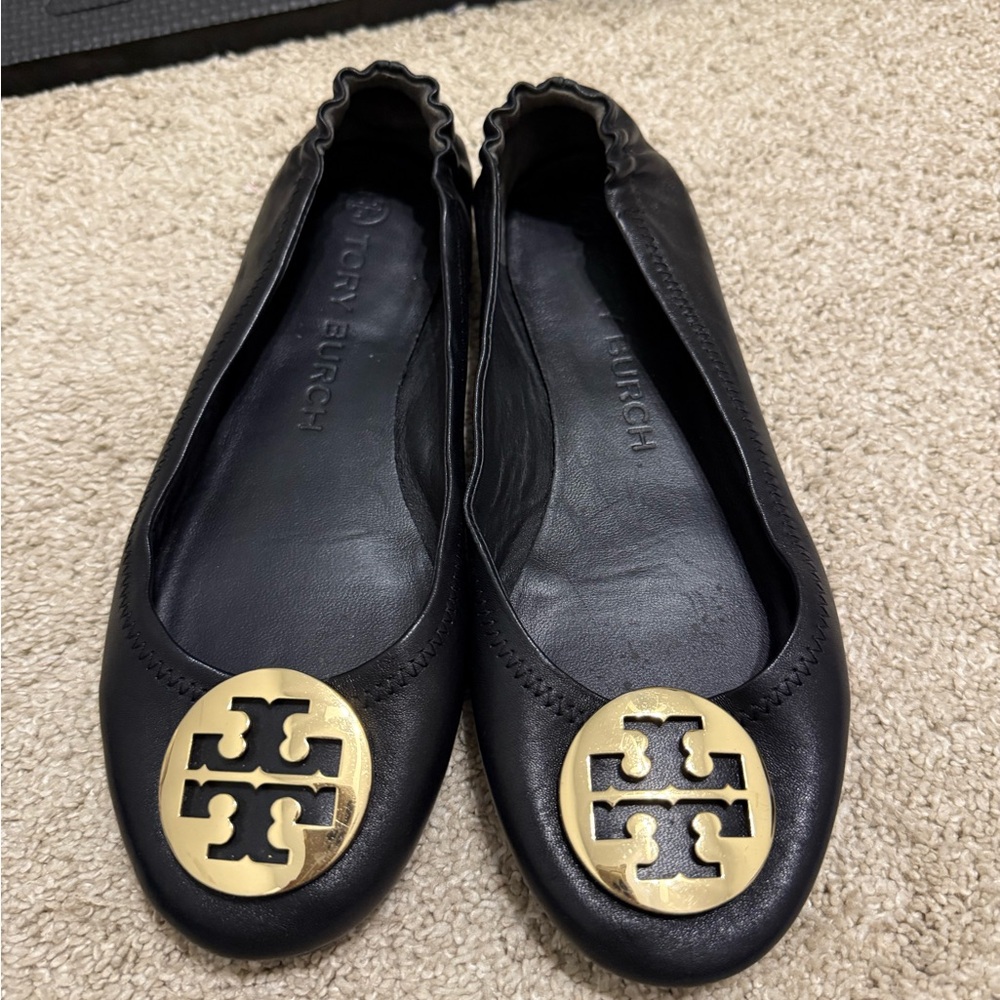 Tory Burch Black Flats with Gold Emblem